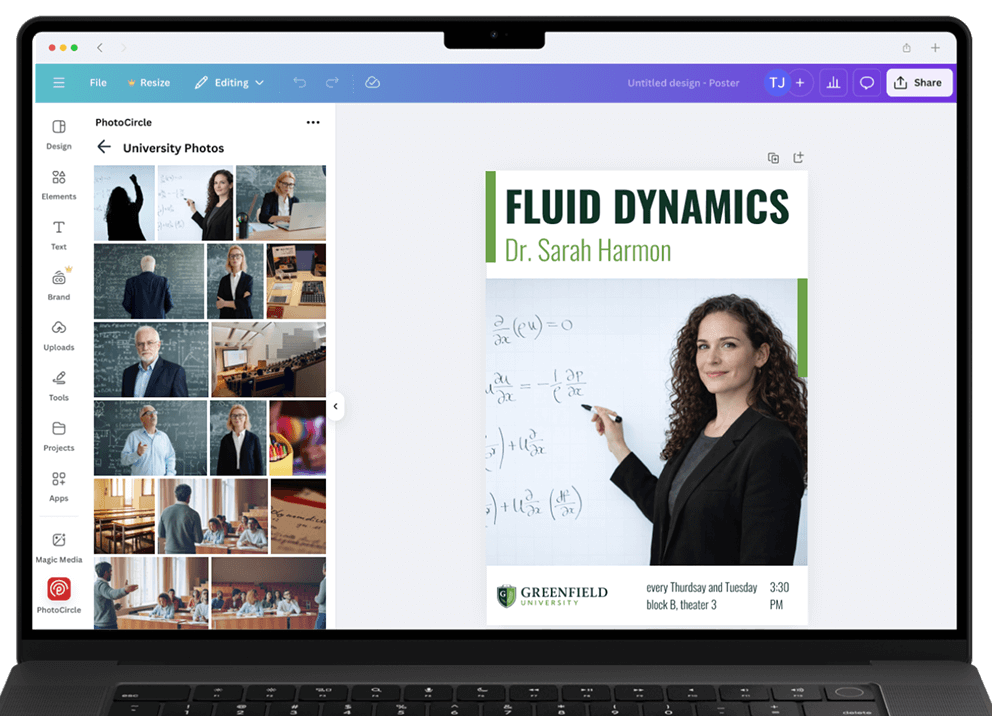 PhotoCircle connected to Canva showing media import workflow.