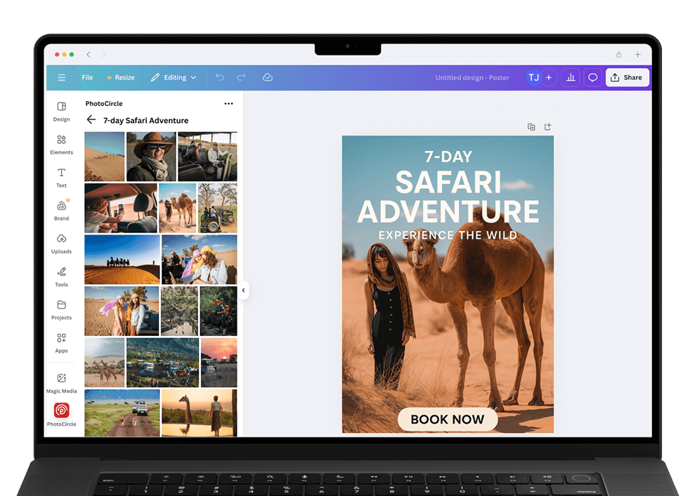 PhotoCircle connected to Canva showing media import workflow.