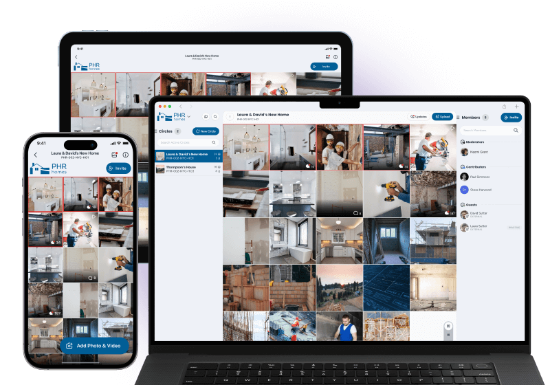 PhotoCircle app displayed on a phone, tablet, and laptop showing the same circle content.