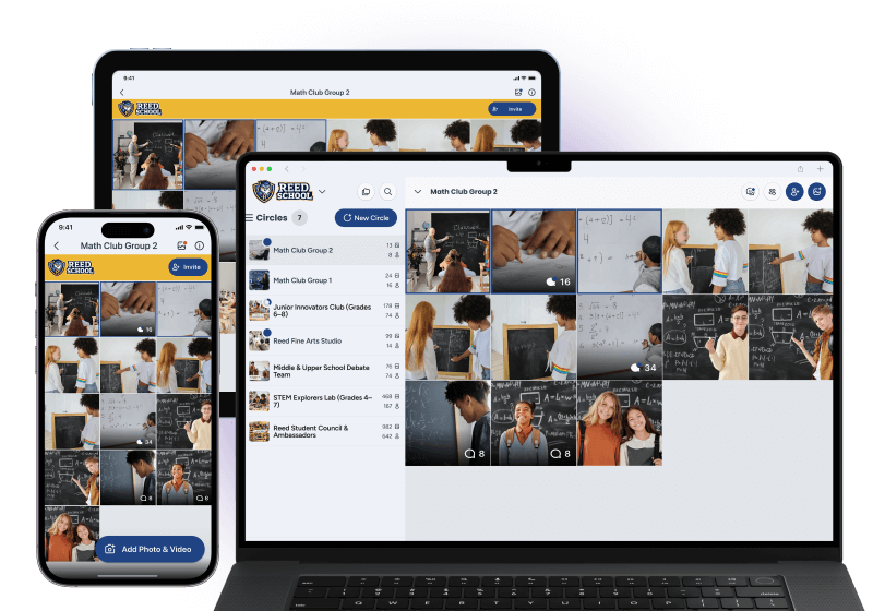 PhotoCircle app displayed on a phone, tablet, and laptop showing the same circle content.