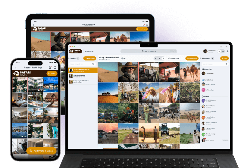 PhotoCircle app displayed on a phone, tablet, and laptop showing the same circle content.