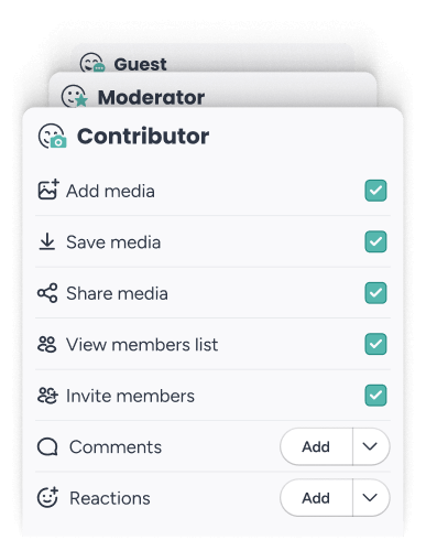 PhotoCircle admin console showing team member roles and permission settings.