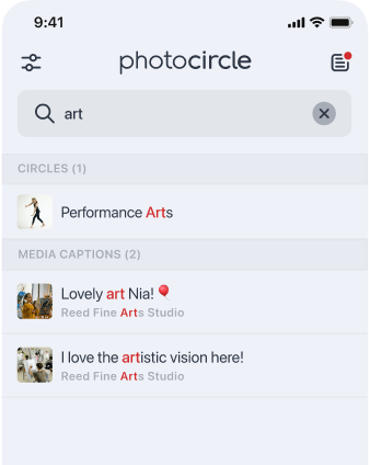 PhotoCircle search interface showing results for photos and videos.