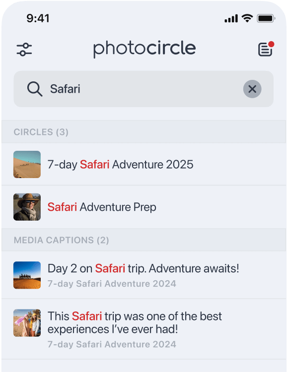 PhotoCircle search interface showing results for photos and videos.