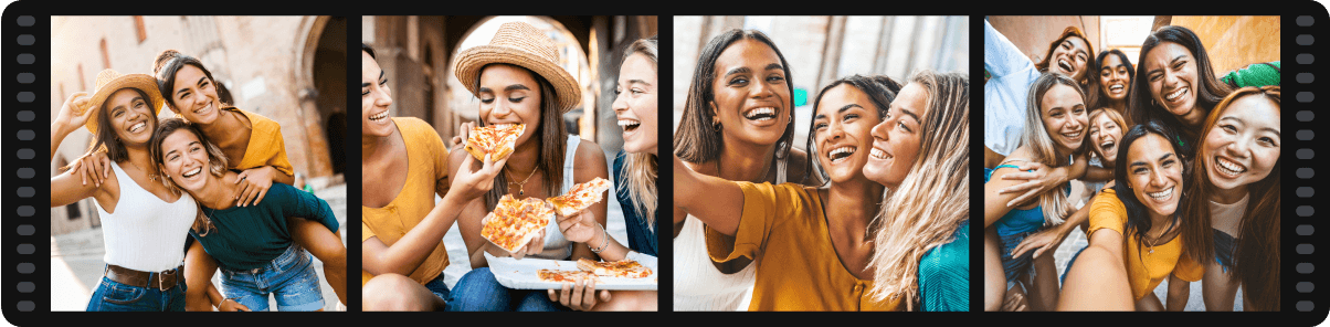 PhotoCircle slideshow creator interface with photo layout and music options.